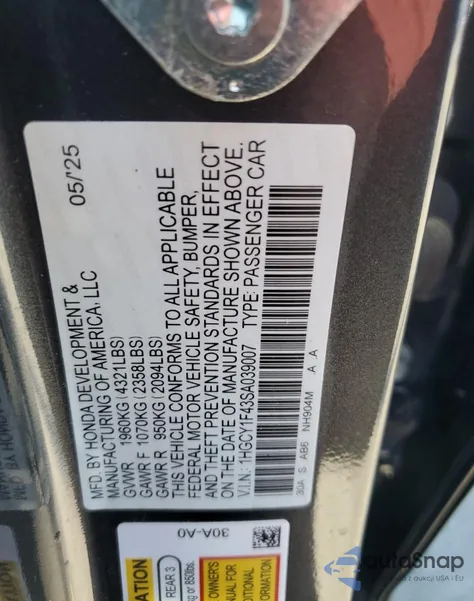 2025 Honda Accord Se из США, поврежденный, VIN 1HGCY1F43SA039007